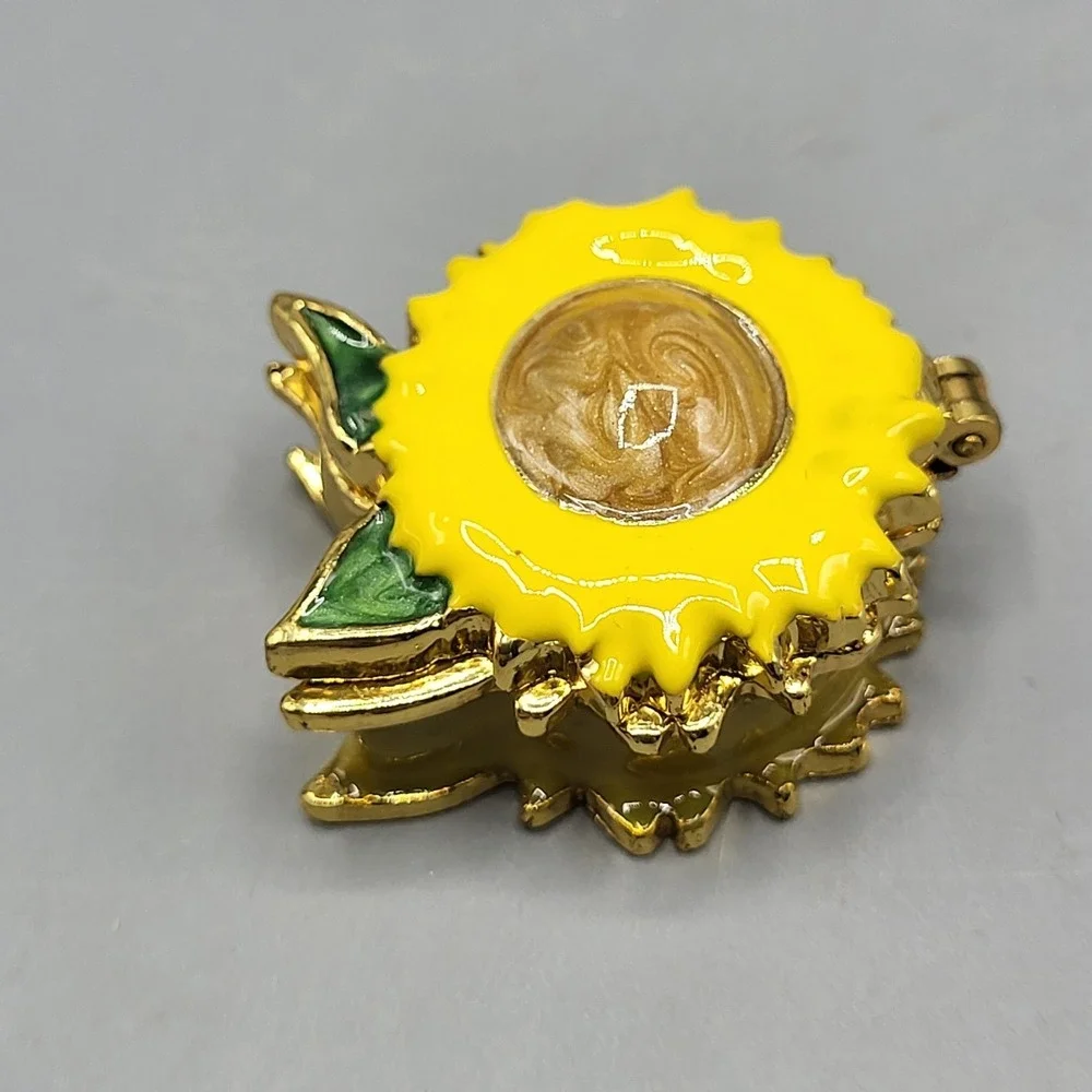 Work of Art Sunflower Trinket Pill Box Enamel Magnetic Shel Decor Gold Yellow
